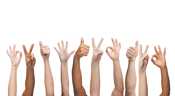 human hands showing thumbs up, ok and peace signs J9游戏(中国)-官方网站